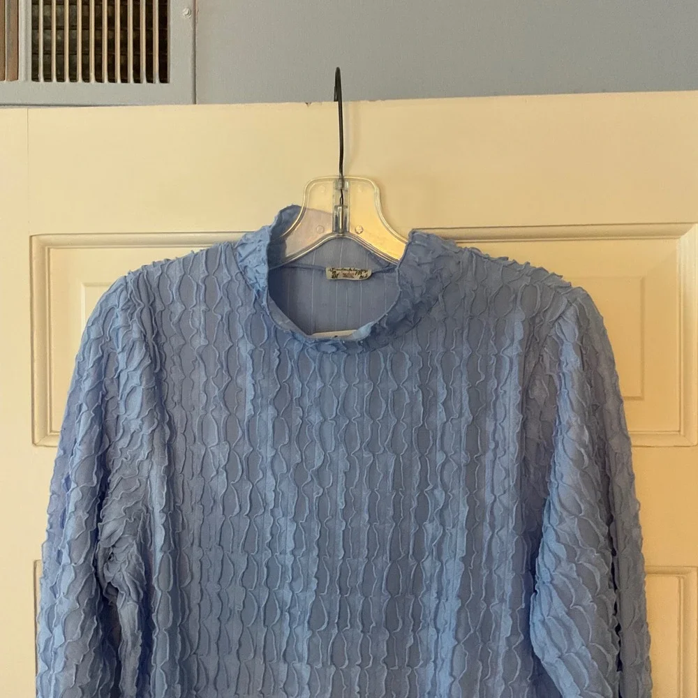 Free People Party Favor Bodysuit Top Breezy Blue Textured Mock Neck XL NEW